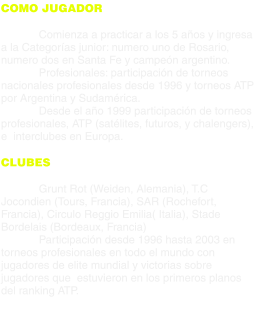 COMO JUGADOR  Comienza a practicar a los 5 años y ingresa a la Categorías junior: numero uno de Rosario, numero dos en Santa Fe y campeón argentino. Profesionales: participación de torneos nacionales profesionales desde 1996 y torneos ATP por Argentina y Sudamérica. Desde el año 1999 participación de torneos profesionales, ATP (satélites, futuros, y chalengers),  e  interclubes en Europa.  CLUBES  Grunt Rot (Weiden, Alemania), T.C  Jocondien (Tours, Francia), SAR (Rochefort, Francia), Circulo Reggio Emilia( Italia), Stade Bordelais (Bordeaux, Francia) Participación desde 1996 hasta 2003 en torneos profesionales en todo el mundo con jugadores de elite mundial y victorias sobre jugadores que  estuvieron en los primeros planos del ranking ATP.